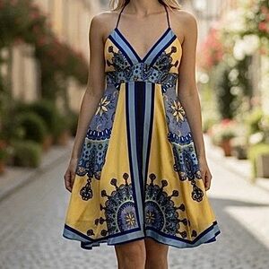 Rubber Ducky Handkerchief Dress Blue & Yellow Spaghetti Strap Resortwear ~ Sz S